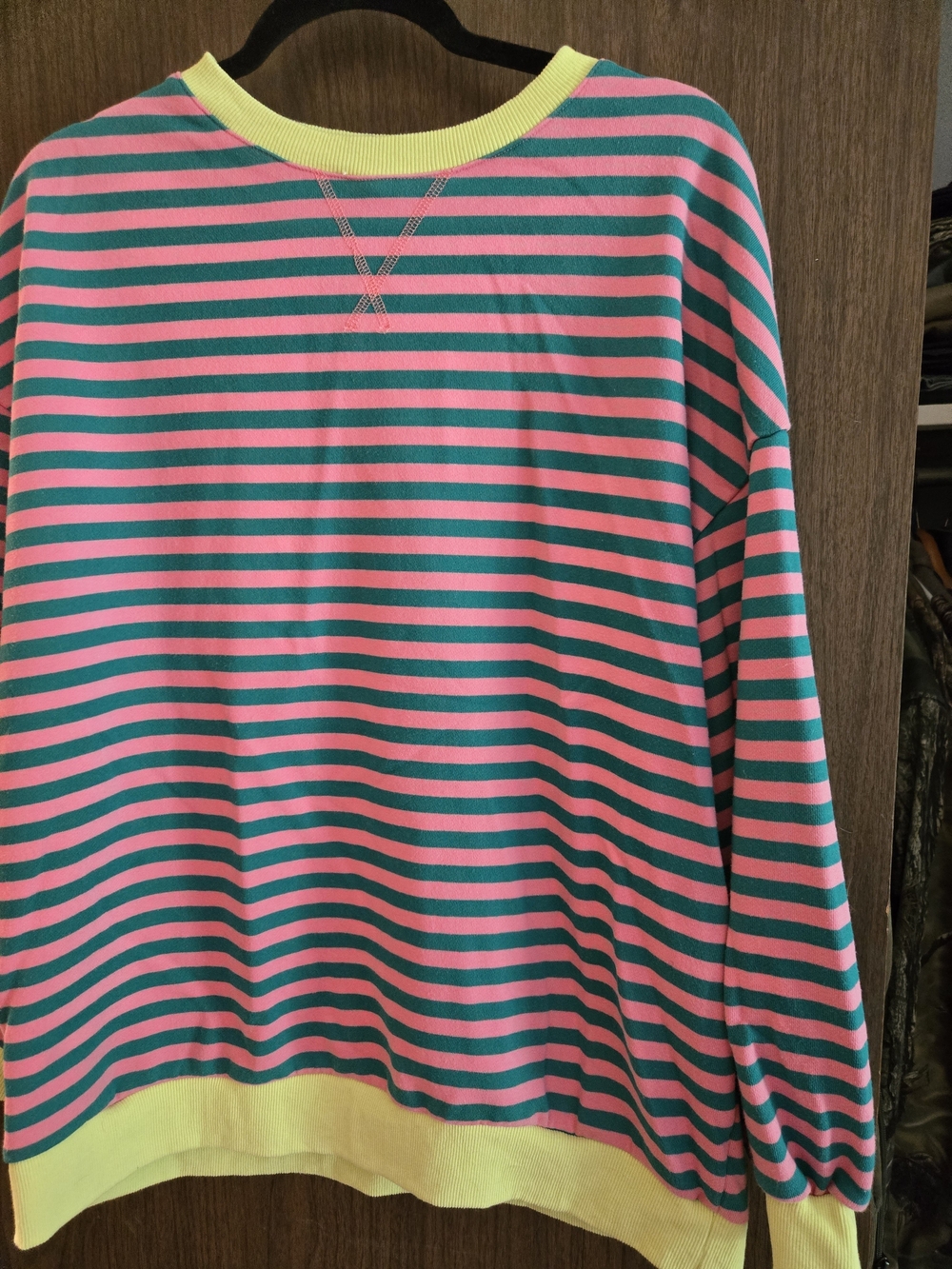 Striped Crewneck Sweatshirt in Pink & Teal with Yellow Trim